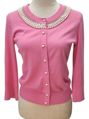 Kate Spade Tula Pink Faux Pearls & Diamonds Feminine Button Up Cardigan Size S